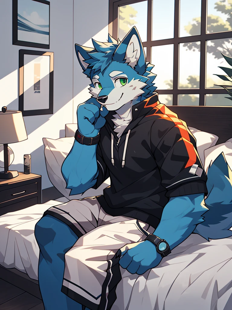 (High Definition, Dynamic HDR, 4k, Full HD) furry ,18 years old ,relaxed ,blue fur ,wolf ,tall ,blue fur ,green eyes ,random clothes ,smile on face ,resting ,bedroom ,upper body,cute,handsome,alone