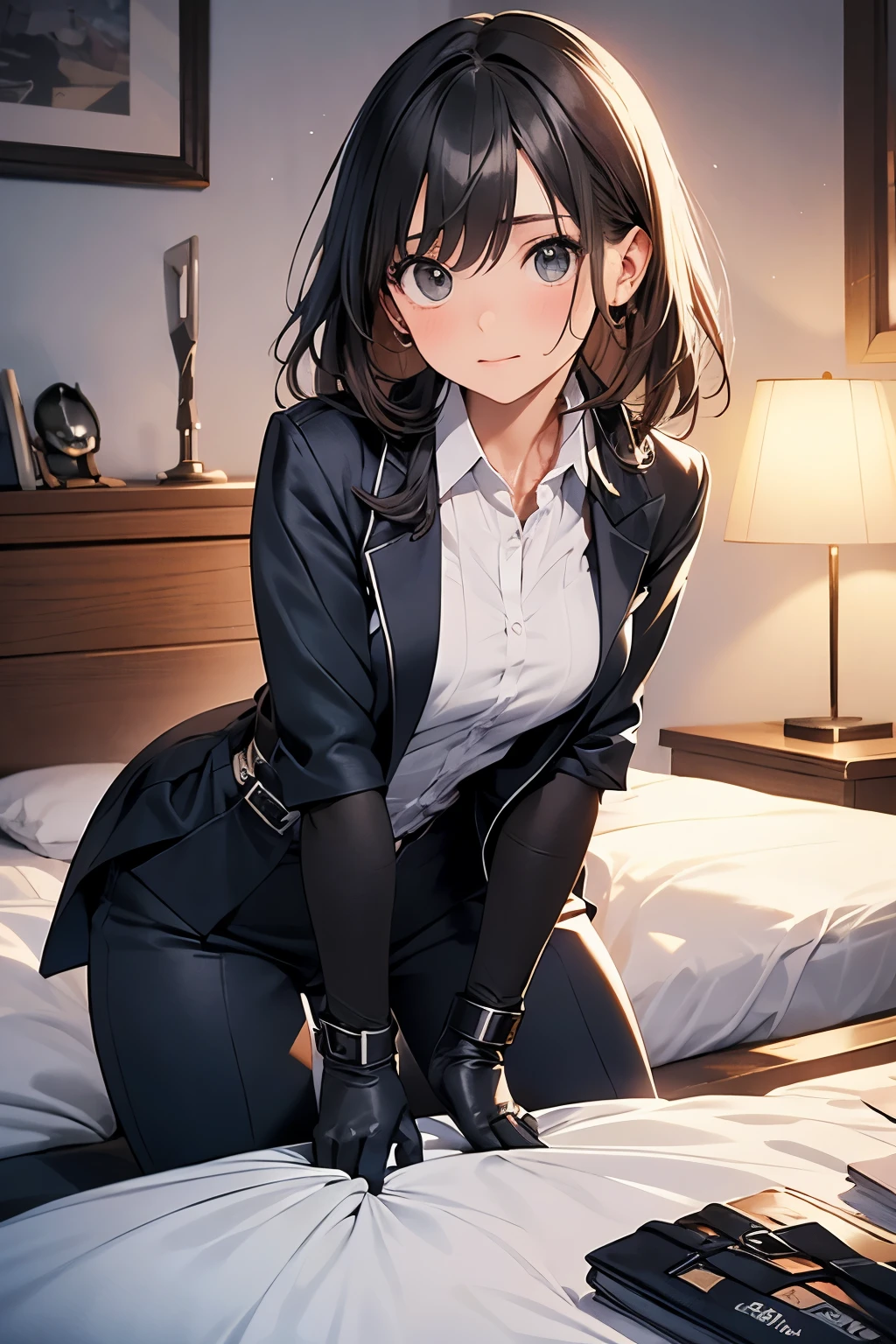 suspenders Moderate breasts Small face holster Beautiful woman Lying in bed Looking up Sweat belt summer 脇Sweat Black Hole Gloves suit shirt Black jacket Mask black pants Gun possession Armament