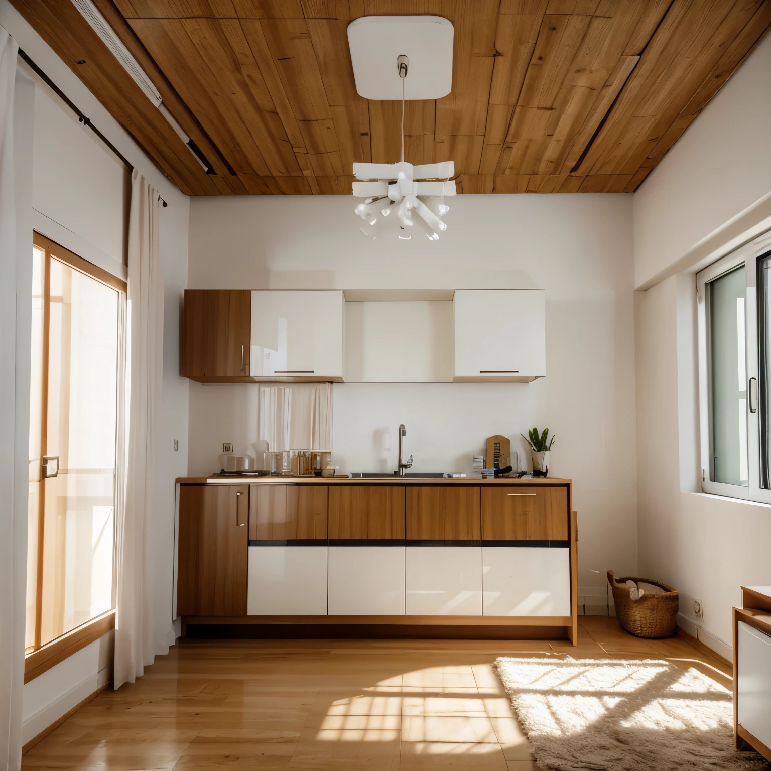 Raw photo,masterpiece,high quality,best quality,authentic,super detail,interior,inside,modern living room style,wooden ceiling,Cabinet,White plaster flat ceiling,(daylight:1.1),vivid color,(realistic:1.2), Info