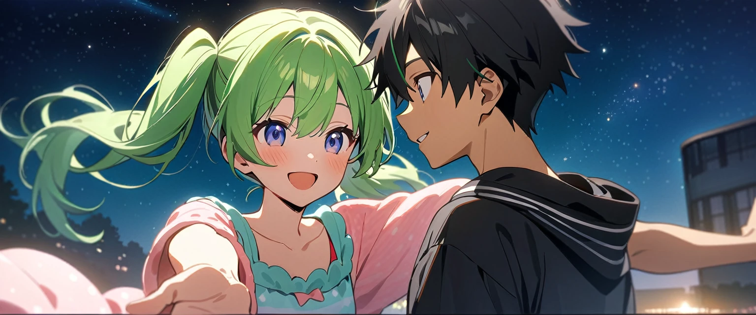 (((masterpiece,Highest quality))),(((A black-haired anime boy in loungewear reaching out in a daze,Anime girl with green hair, twin tails and idol costume stretching her hand with a smile))),((Under a star-filled sky)),A boy and a girl are facing each other and holding hands,(high quality),アニメ