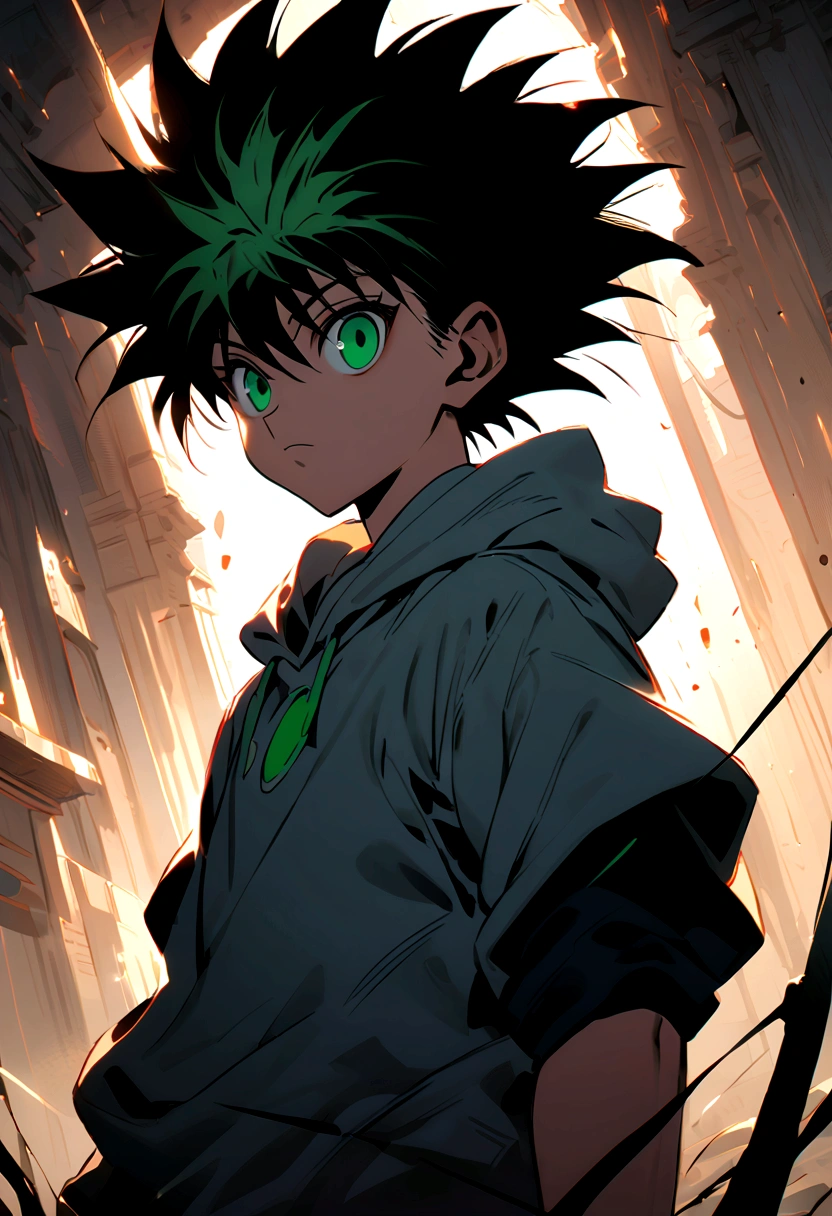 14 year old boy with black mohawk hair and green eyes wearing a grey hoodie in hunter x hunter manga style