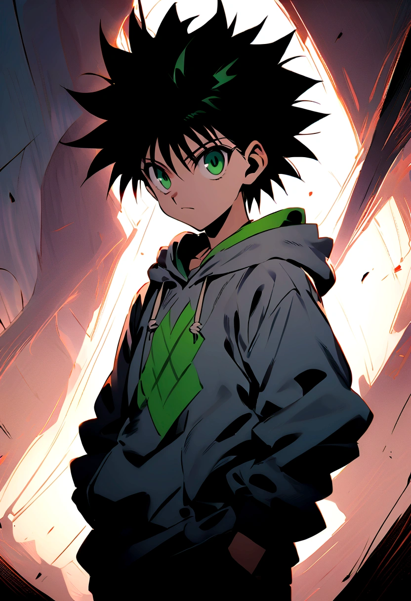 14 year old boy with black mohawk hair and green eyes wearing a grey hoodie in hunter x hunter manga style