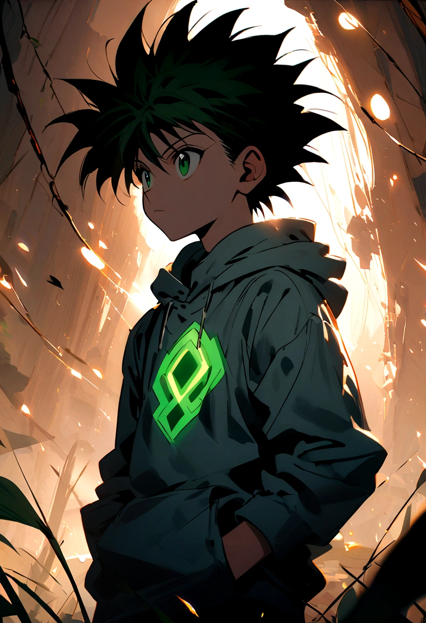  boy with black mohawk hair and green eyes wearing a grey hoodie in hunter x hunter manga style