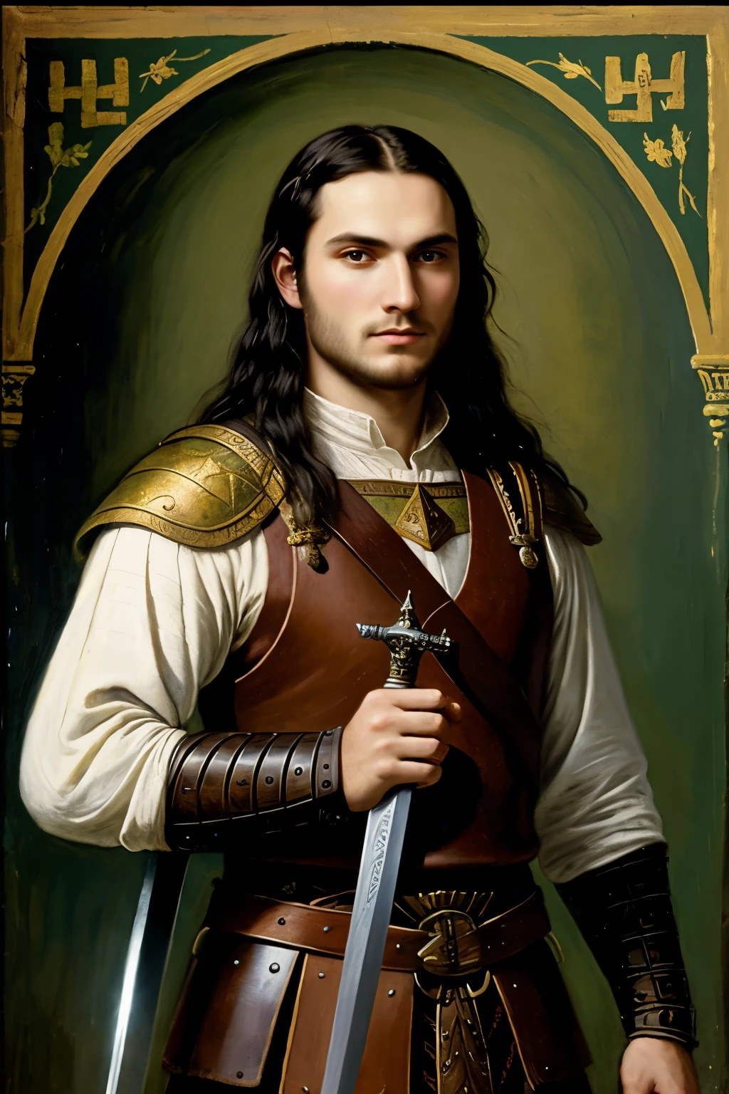 ((Detailed)),((Masterpiece)),((Ancient painting)) young man without beard, long black hair, eyes color green, viking general with a complete dark mystical sword blade and a leather brown armor