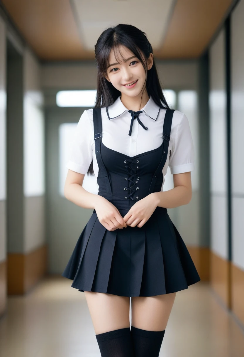 8K, Ultra-high resolution, Highest quality, masterpiece, 三分割法によるphotograph,Surreal, photograph, 1 Girl, (16 years old:1.3), pretty girl, Cute face, Beautiful eyes in every detail, 細かくdetailedに,masterpiece,, One Girl:1.2, Japan Female Announcer,whole body, bondage, Suppressed, Harness, rope, Put your arms behind your back, Put your hands behind your back, Tight Skirt, School, corridor 、Knee socks, Attractive thighs, Sensual,A carefree smile,Heal the heart,Black Hair,Long Straight Hair,Looking at the audience、beauty,Long neck、Laugh a little、Please close your mouth and laugh、(((Ideal body type))),A cup small breasts :2,、Portraiture:2、Perfect Anatomy、鮮明なdetailed、detailed、Surreal、Light and shadow,Strong light
