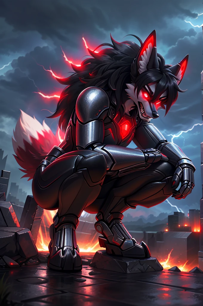 ((vulpine)), (fox:1.1), female, (((very tall))), (((thick body))), ((2 curled white ivory horns:1.1)), ((enraged):1.5), ((baring teeth)), glowing amber eyes, ((dark red fur:1.3)), (black hair:1.2), solo, (mech suit:1.05), (((metallic black armor with red accents:1.2))), city ruins, full body view, (((crouching and leaning forward with one hand on ground))), blood splatters, post-apocalyptic, long fur:1.4, thick fur:1.4, detailed fur:1.4, best quality, high quality, high-definition, extremely detailed, intricate details, detailed fur: 1.5, ((highly detailed:1.5)), red lightning, thunderstorm, rainstorm