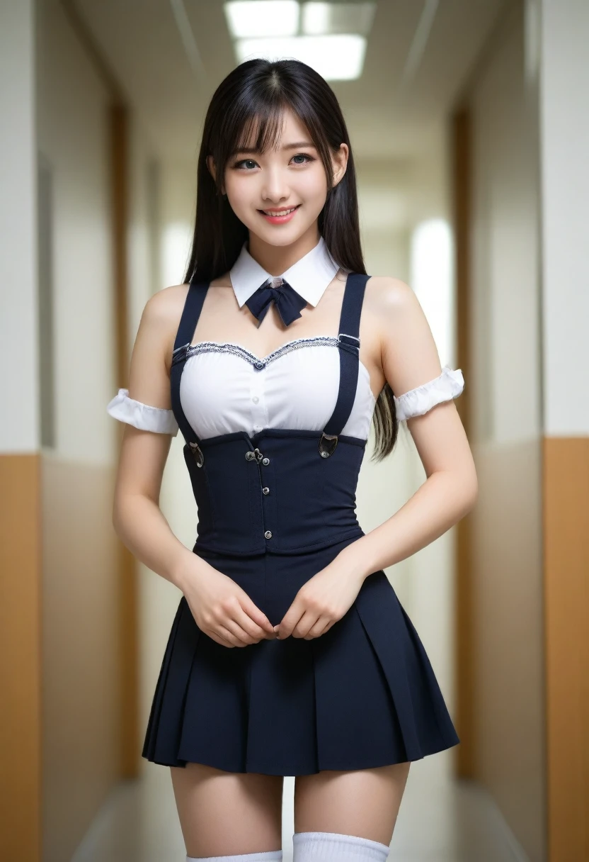 Beautiful woman、 、Upper Body、Waist、thigh、Standing pose、Lady、80mm lens、Highest quality、Small breasts、Small Breasts、Are thin、Luxury、smile、School Costume