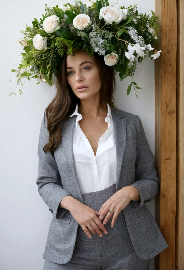 Une jeune femme aux cheveux brunette lisses est debout dans une pièce élégante avec un lustre en cristal au plafond. Elle porte un costume noir bien ajusté, composé d'une veste et d'un pantalon. La pièce est décorée avec des éléments luxueux, y compris un grand miroir encadré en or, des meubles blancs ornés et des rideaux bleu foncé. La femme pose près d'une table blanche avec des poignées dorées, sur laquelle sont posés des vêtements soigneusement pliés. L'arrière-plan montre des fenêtres encadrées de bois et une décoration murale avec des fleurs séchées dans un vase bleu.