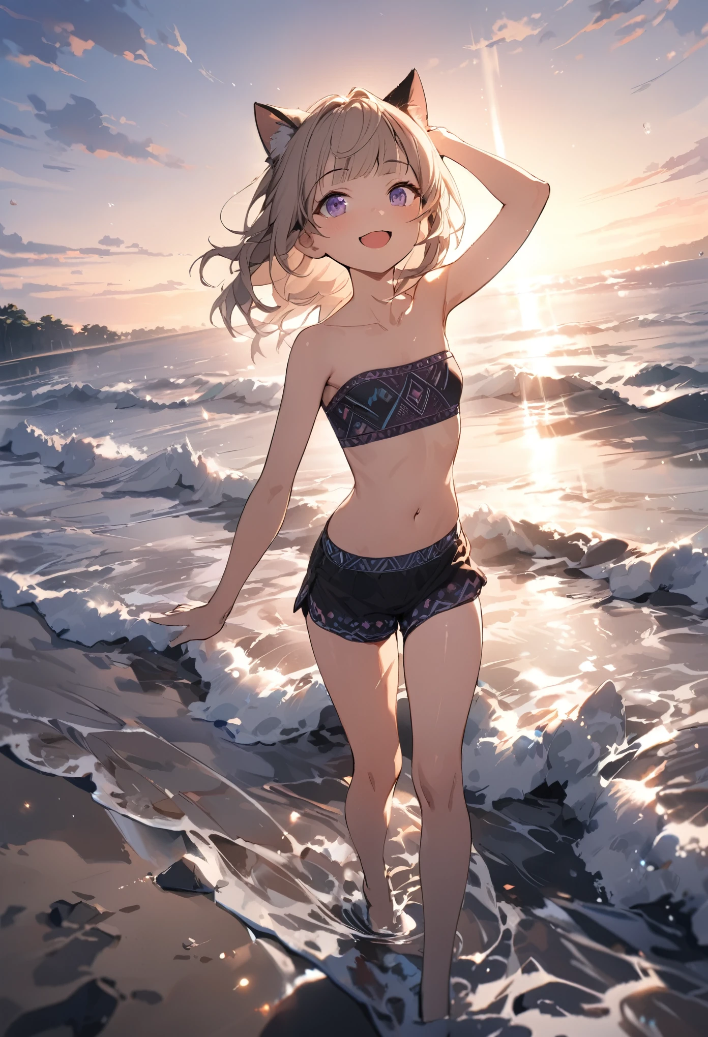 ((Masterpiece)), ((best quality)), (Anime:1.3), (super detail:1.2),(High Definition:1.3), (Professional Photography:1.2), (wide shot), cinematic lighting, (sharp focus), (perfect light), ((1girl)), ((12 years old)), (full body), looking up, messy medium hair, Beautiful collarbone, ((Embroidered Tribal black tubutop)), strapless, bare arms, cute navel, (Tribal boxer shorts), (Healthy slim body), (loose blunt bangs), Slender body, glossy skin, (naughty smile), open mouth, ((Beautiful purple eyes)), Textured skin, (Cat ears), (Pale brown hair), Cute Beautiful Girl, (slightly exposed medium breast), BREAK, ((best quality)), (full body), ((1girl)), ((arm up)), (walking on the shoreline at dawn), (sharp focus), (perfect light),
