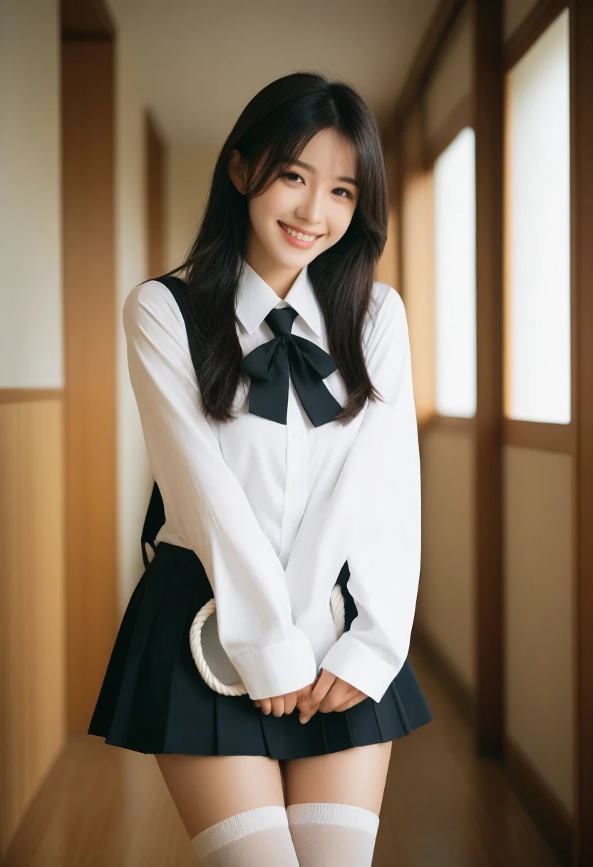 (8K、Raw photography、top-quality、masterpiece:1.2)、(realisitic、Photorealsitic:1.37)、ultra-detailliert、超A high resolution、女の子1人、see the beholder、beautifull detailed face、A smile、Constriction、(Slim waist) :1.3)、Beautiful detailed skin、Skin Texture、Floating hair、Professional Lighting、Whole human body、Longhaire、a blond、japanese hight school uniform、a sailor suit、Bob Hair、E-cup、Happy smile、sixteen years old、Red ribbons、a baby face、Childish smile、Suppin、Moisturizing lips、Thin pink lips、Dark blue skirt、Dark blue knee-high socks、white thighhig、Healthy body、full bodyesbian