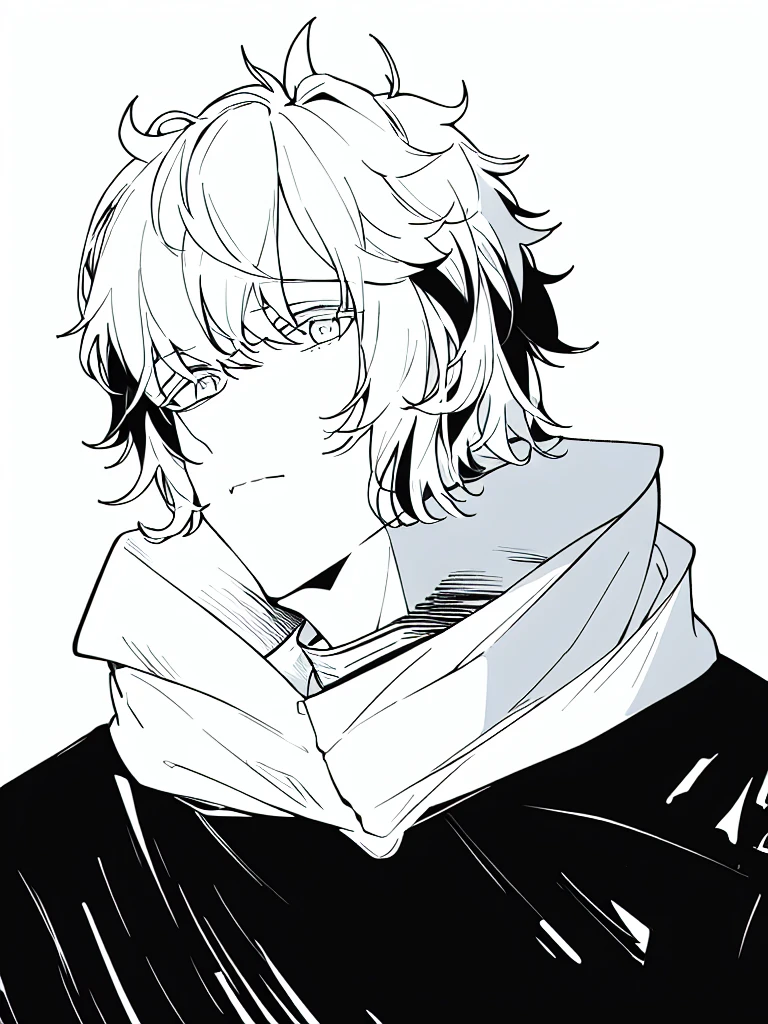 medium lenght white fluffy messy hair, boy, black and white, staring at viewer, messy clothing, male