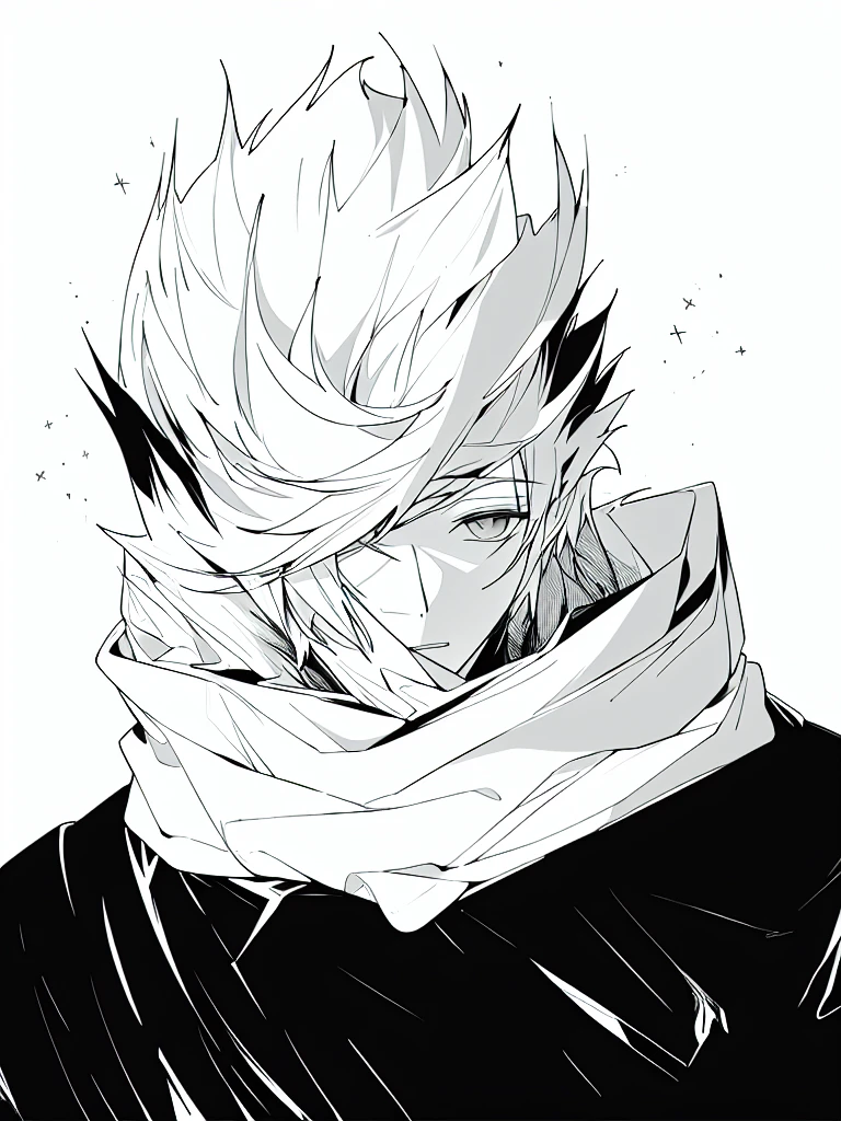 medium lenght white fluffy messy hair, boy, black and white, staring at viewer, messy clothing, male