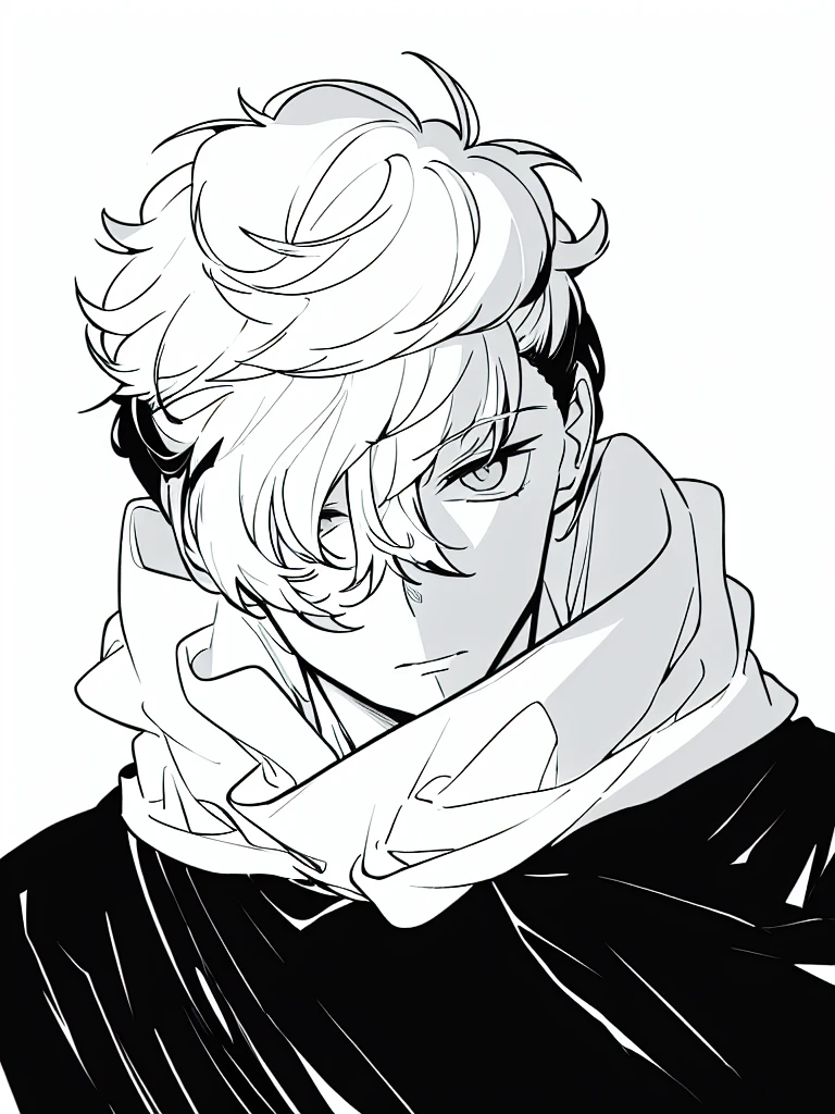 medium lenght white fluffy messy hair, boy, black and white, staring at viewer, messy clothing, male
