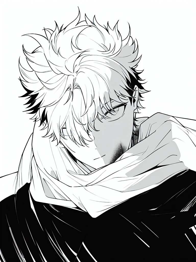 medium lenght white fluffy messy hair, boy, black and white, staring at viewer, messy clothing, male