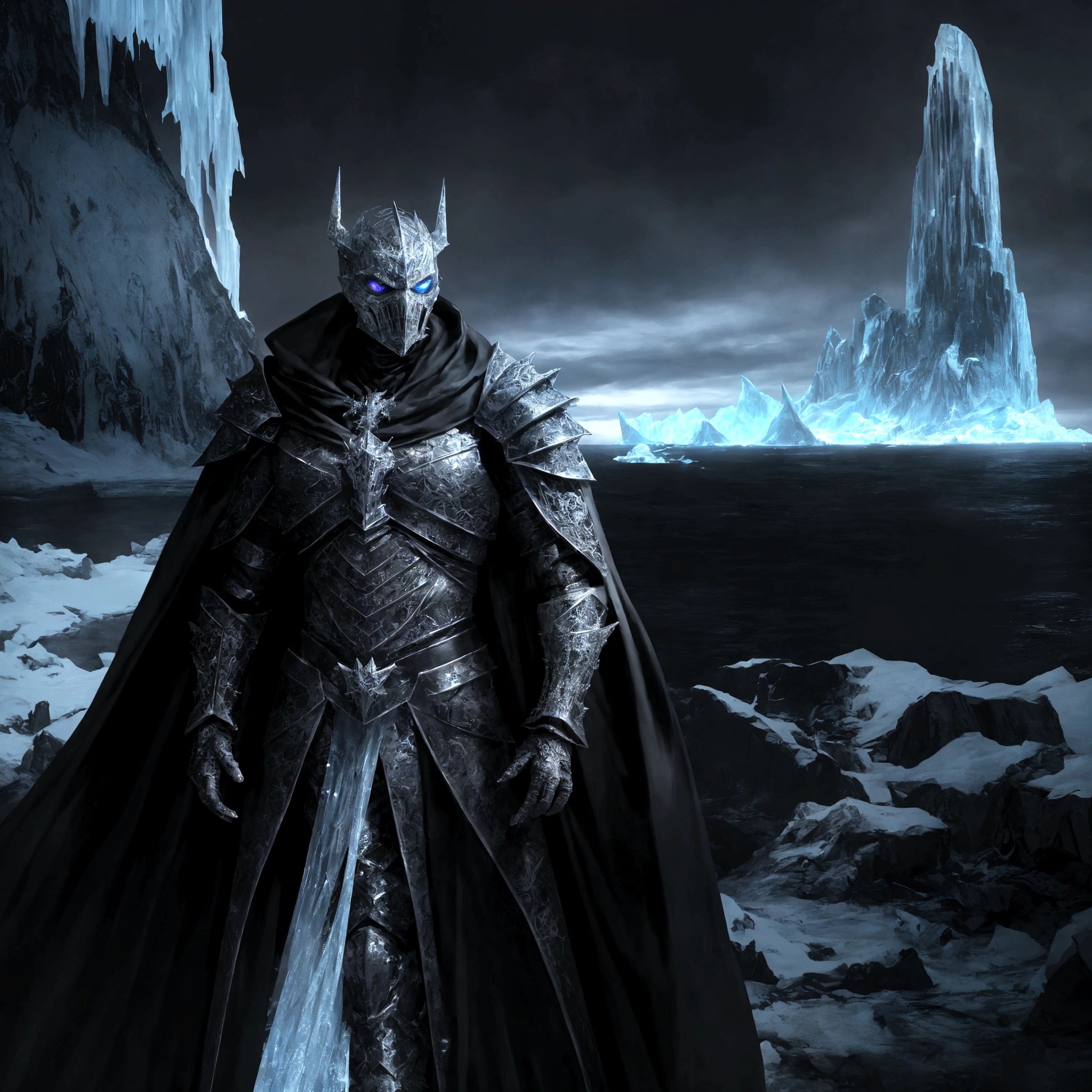 (extremely detailed 8k wallpaper), a medium shot photo of scary Grim dressed as a icey masked ice-supervillain in an armour made of icey glowing wires from marvel, theme, intricate, high detail, dramatic, old scary building with a huge iceberg in the background