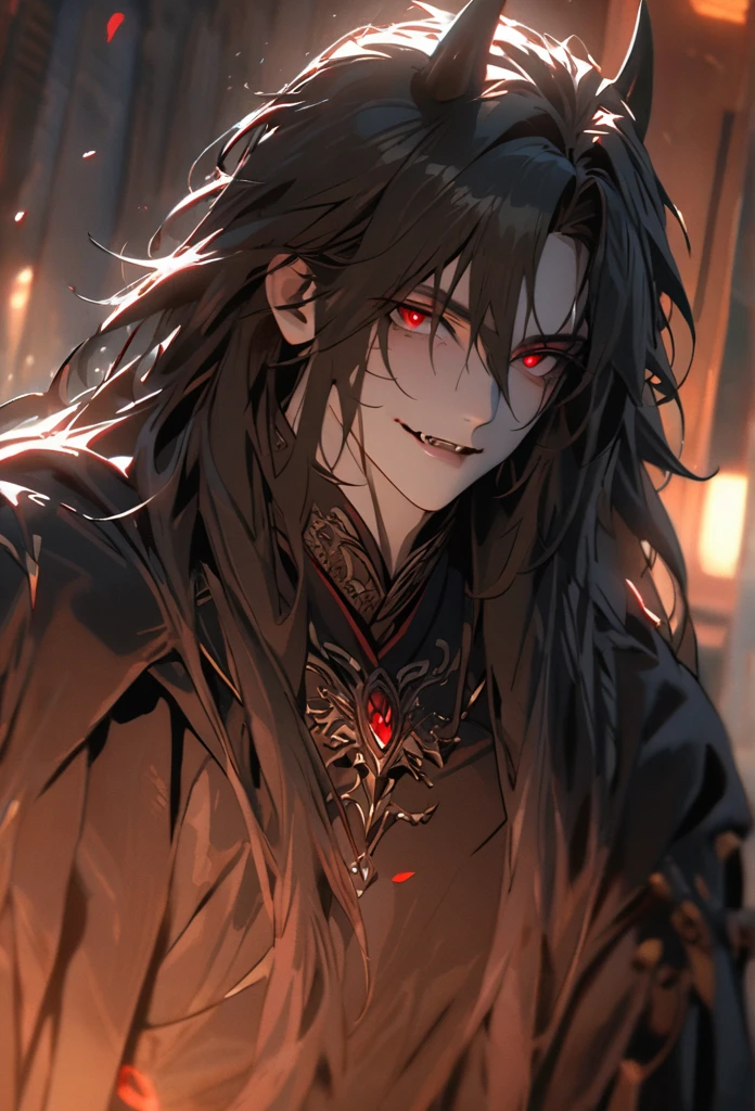 (solo), masculine, black hair, messy hair, mane hair, long hair, dense hair, wild hair, expressive hair, mature,(25 year old), pale skin, red eyes, ((man)), wearing a black robe, black demon horns,, Smiling and showing his fangs, handsome, attractive, eye reflection, depth of field, thunder aura,cinematic lighting, ray tracing, depth of field, cinematic lighting, ray tracing, UHD, high details, best quality, highres, high quality, award winning, super detail, masterpiece, 8k, UHD, high details, best quality, highres, high quality, award winning, super detail, masterpiece, 8k, digital art, anime coloring, full body, body shot, good face, perfect face, detailed face, good eyes, sitting on a throne