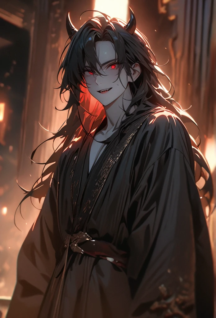 (solo), masculine, black hair, messy hair, mane hair, long hair, dense hair, wild hair, expressive hair, mature,(25 year old), pale skin, red eyes, ((man)), wearing a black robe, black demon horns,, Smiling and showing his fangs, handsome, attractive, eye reflection, depth of field, thunder aura,cinematic lighting, ray tracing, depth of field, cinematic lighting, ray tracing, UHD, high details, best quality, highres, high quality, award winning, super detail, masterpiece, 8k, UHD, high details, best quality, highres, high quality, award winning, super detail, masterpiece, 8k, digital art, anime coloring, full body, body shot, good face, perfect face, detailed face, good eyes, sitting on a throne