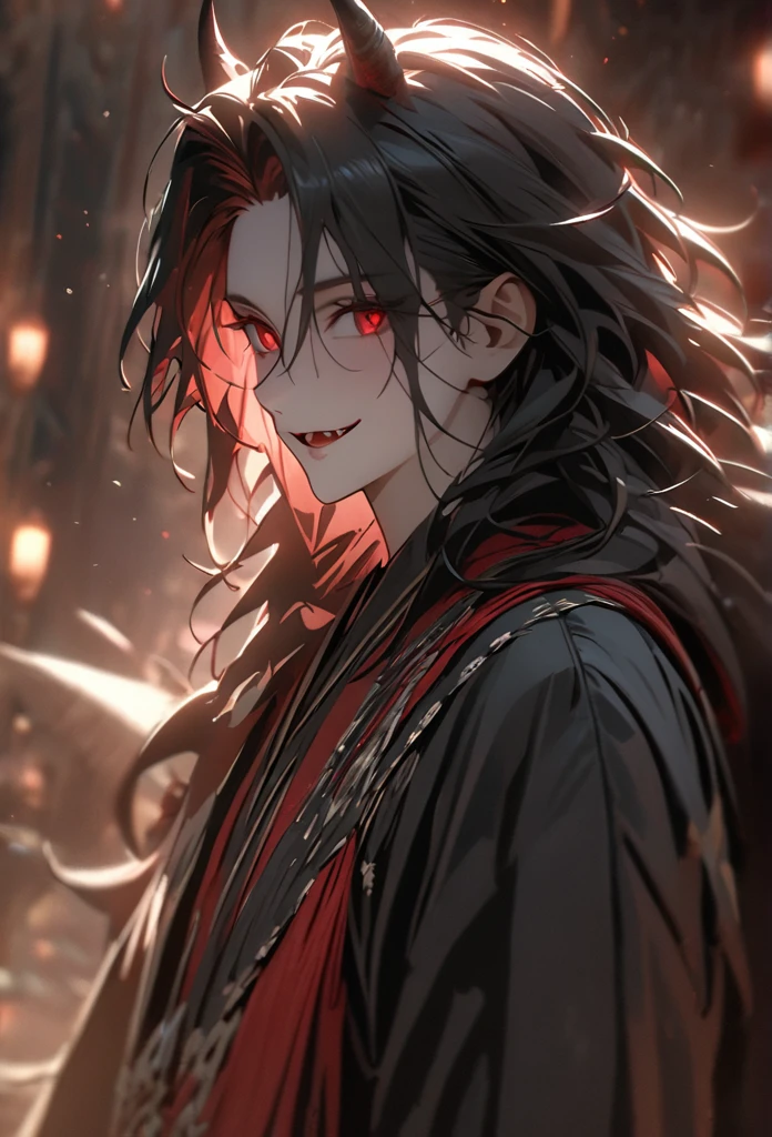(solo), masculine, black hair, messy hair, mane hair, long hair, dense hair, wild hair, expressive hair, mature,(25 year old), pale skin, red eyes, ((man)), wearing a black robe, black demon horns,, Smiling and showing his fangs, handsome, attractive, eye reflection, depth of field, thunder aura,cinematic lighting, ray tracing, depth of field, cinematic lighting, ray tracing, UHD, high details, best quality, highres, high quality, award winning, super detail, masterpiece, 8k, UHD, high details, best quality, highres, high quality, award winning, super detail, masterpiece, 8k, digital art, anime coloring, full body, body shot, good face, perfect face, detailed face, good eyes, sitting on a throne