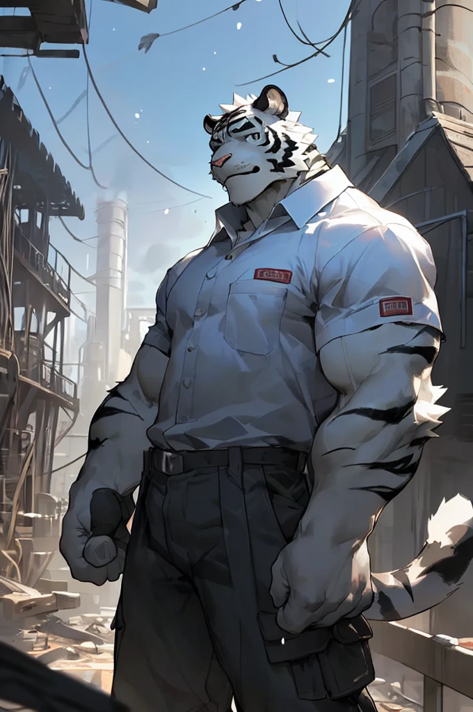 (masterpiece,best quality,ultra detailed,perfect anatomy),detailed background,hi res,
perfect lighting,light particles,sharp focus,light particles,by milkytiger1145,by lindong,by null-ghost,
BREAK
dark theme,sunlight,outside,factory,(smoke,chimney),fog,
solo,solo foucs,male,male focus,anthro,felid,tiger,muscular,(half-length portrait,upper body:1.5),
BREAK
(white fur:1.5,white body:1.5),looking at viewer,detailed eyes, 
clothed,topwaer,bottomwear,footwear,worker,(factory uniforms,work wear style),gloves,boots,