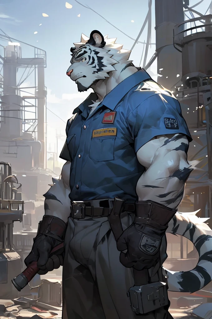 (masterpiece,best quality,ultra detailed,perfect anatomy),detailed background,hi res,
perfect lighting,light particles,sharp focus,light particles,by milkytiger1145,by lindong,by null-ghost,
BREAK
dark theme,sunlight,outside,factory,(smoke,chimney),fog,
solo,solo foucs,male,male focus,anthro,felid,tiger,muscular,(half-length portrait,upper body:1.5),
BREAK
(white fur:1.5,white body:1.5),looking at viewer,detailed eyes,
clothed,topwaer,bottomwear,footwear,worker,(factory uniforms,work wear style),gloves,boots,
