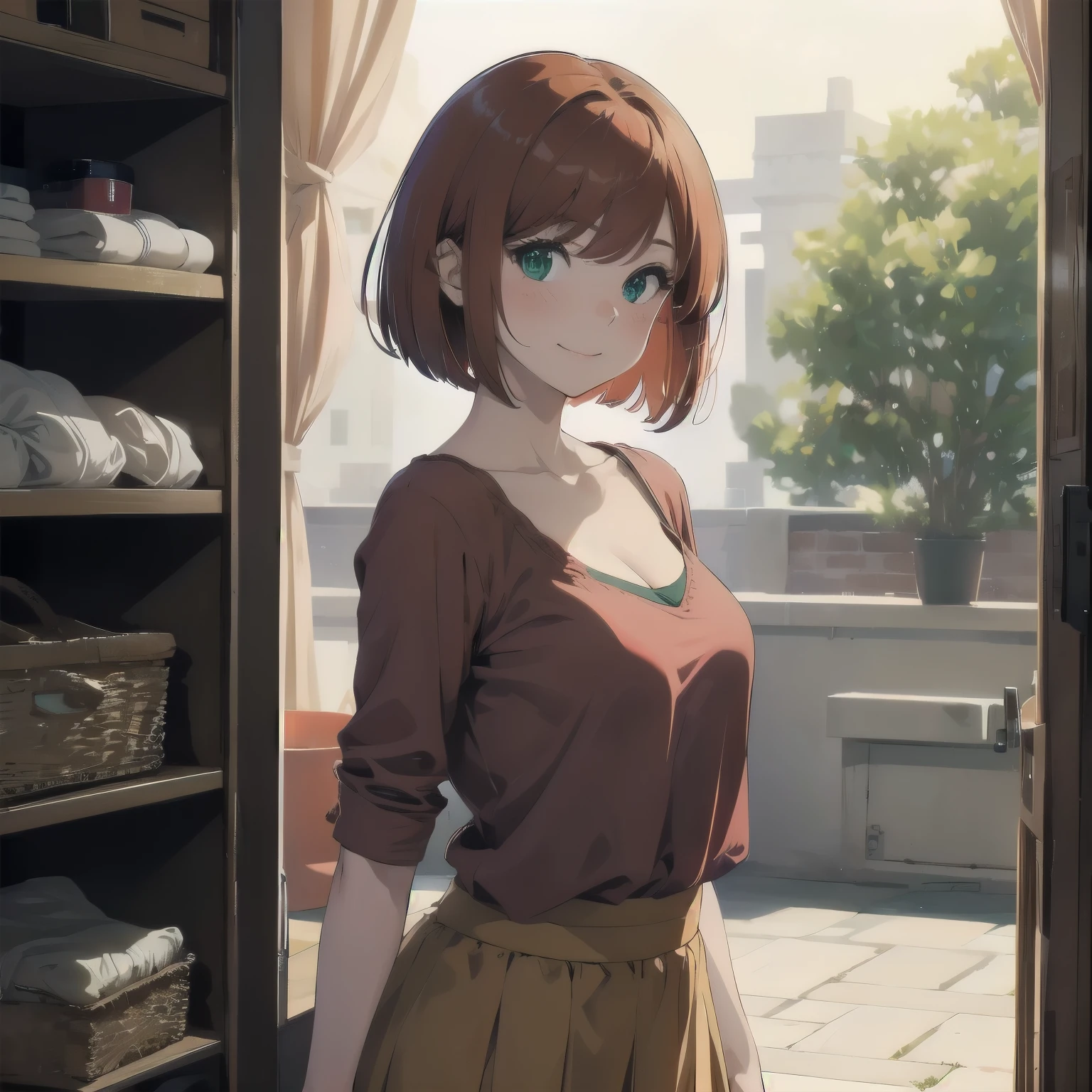 (masterpiece), best quality, expressive eyes, perfect face, 1girl, solo, bob cut, redhead, red hair BREAK short hair, green eyes BREAK blush, looking at viewer, freckles, breasts, cleavage, smile, closed mouth, red shirt BREAK orange skirt, mall, interior, market, standing,