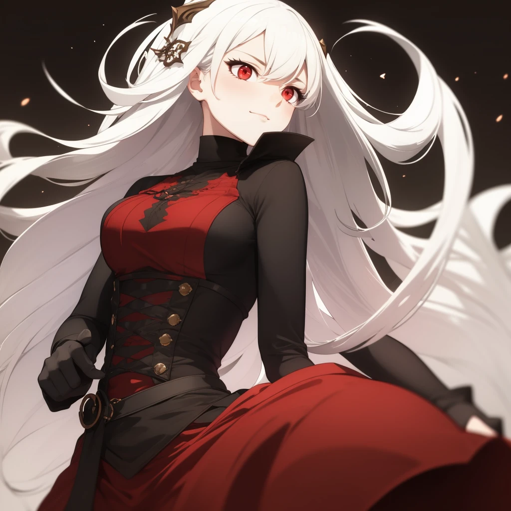 Dragon girl with white hair, red eyes and pale skin in a dress
