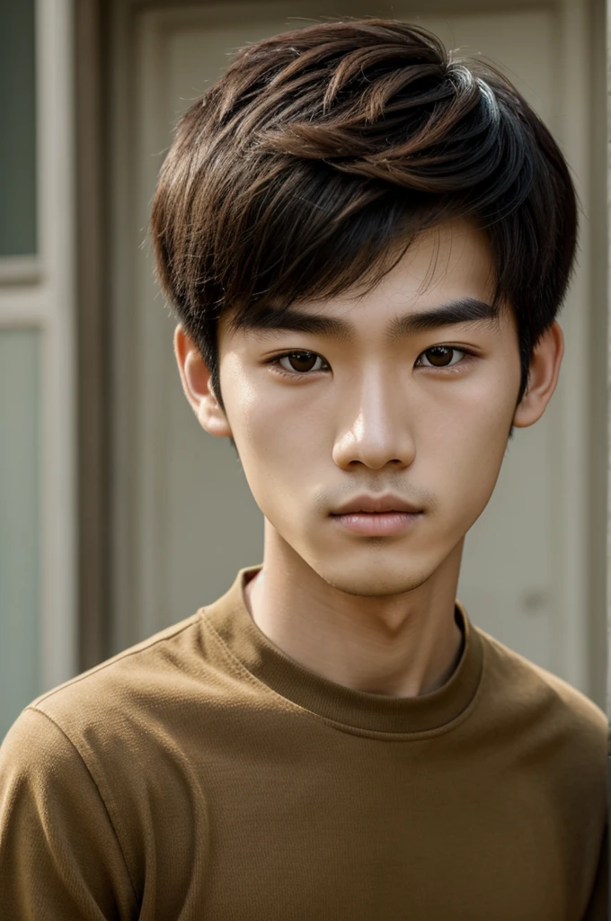 Boy with long face, with acne, Aquiline nose, moreno, small eyes, bushy eyebrows, chinese medium hair, very short, Skinny, baggy eyes, small brown lips,