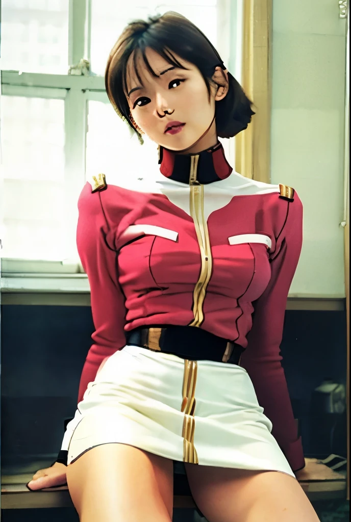 Actual Photos、Canvas Landscape、sunny、Squat、Highest imYear quality、Beautiful woman、Beautiful thighs、Beautiful Face、real imYear、Federal Army Uniform Miniskirt、ponytail、Lift up the skirt。、showing White panties、Yuriko Yoshitaka、16Year日本人女性、Lady. bow、pretty girl、White pantiesが丸見え、1６Year、（White panties:1.3）、Ultra mini skirt、Beautiful thighs、White panties、赤いミニスカートがめくれてWhite pantiesが見えてる