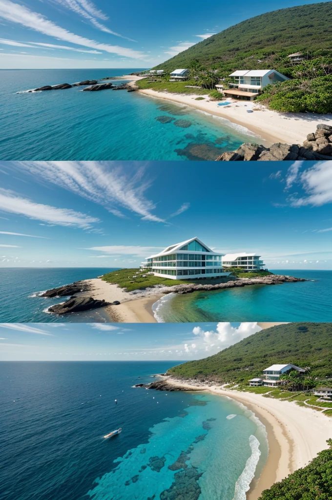 Picture a cluster of twelve elegant beachfront homes scattered along the rocky coastline of a remote island. These homes feature contemporary design with expansive glass walls that open to panoramic views of the ocean. Built on stilts to minimize environmental impact, each home is surrounded by lush tropical vegetation, creating a natural barrier between privacy and the sea. Imagine the tranquility of waking up to the sunrise over the water, with dolphins occasionally breaking the surface in the distance.
