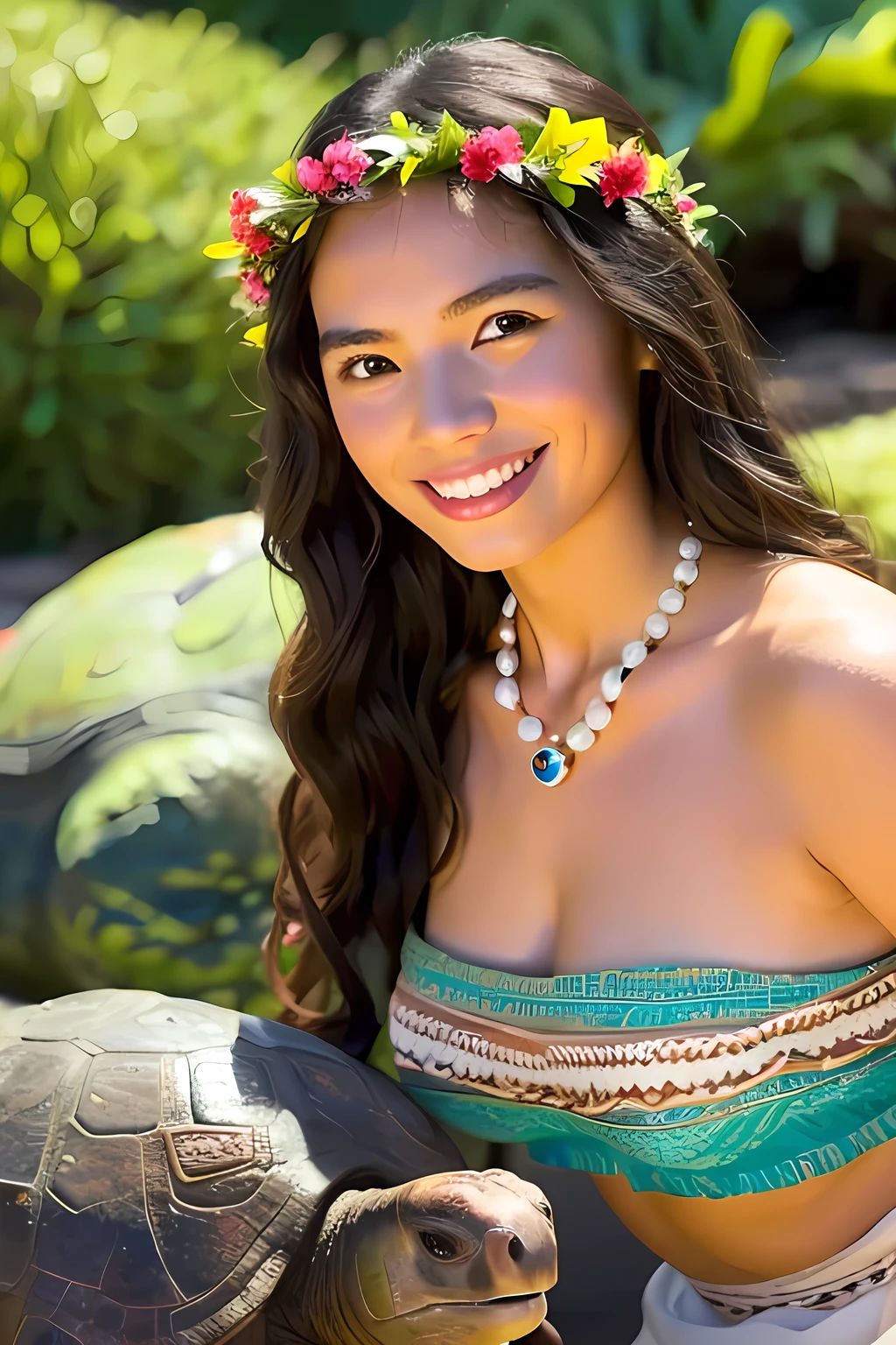 photograph of woman, real Moana, 1 girl, happy, necklace, wreath on head, playing, with a giant Galapagos tortoise.