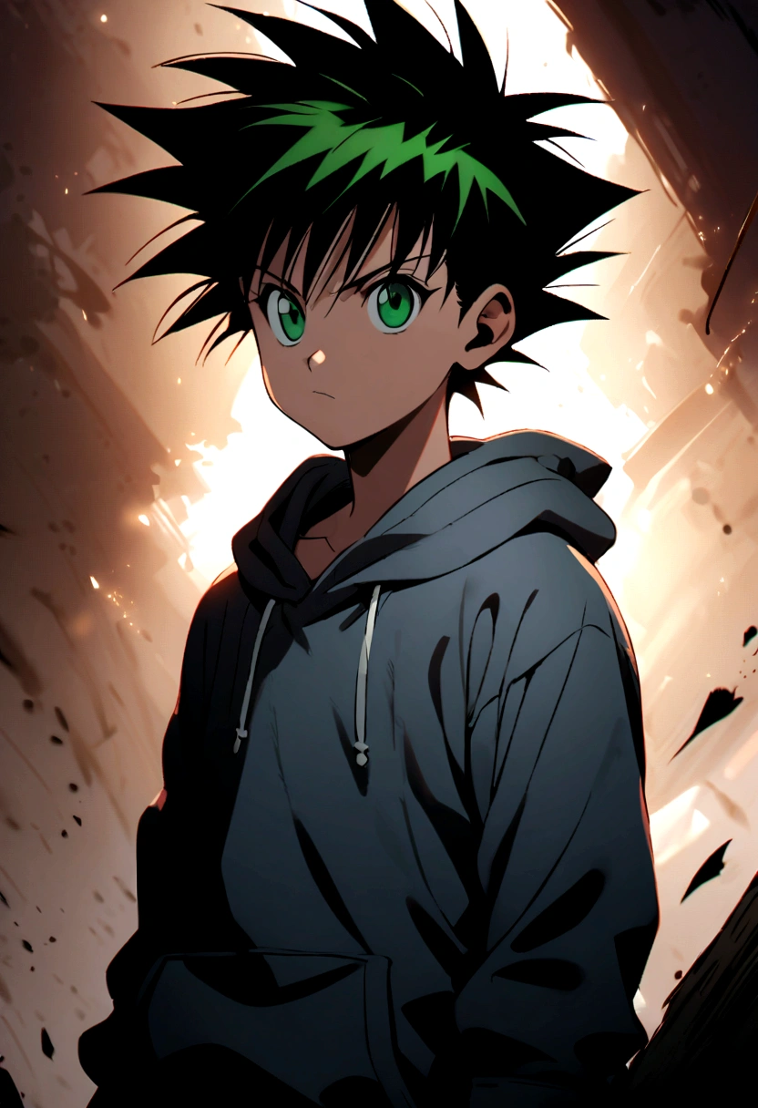 14 year old boy with black mohawk hair and green eyes wearing a grey hoodie in hunter x hunter manga style