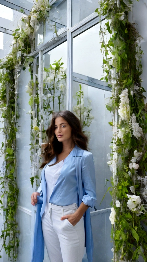 Une jeune femme aux cheveux brunette lisses est debout dans une pièce élégante avec un lustre en cristal au plafond. Elle porte un costume noir bien ajusté, composé d'une veste et d'un pantalon. La pièce est décorée avec des éléments luxueux, y compris un grand miroir encadré en or, des meubles blancs ornés et des rideaux bleu foncé. La femme pose près d'une table blanche avec des poignées dorées, sur laquelle sont posés des vêtements soigneusement pliés. L'arrière-plan montre des fenêtres encadrées de bois et une décoration murale avec des fleurs séchées dans un vase bleu.