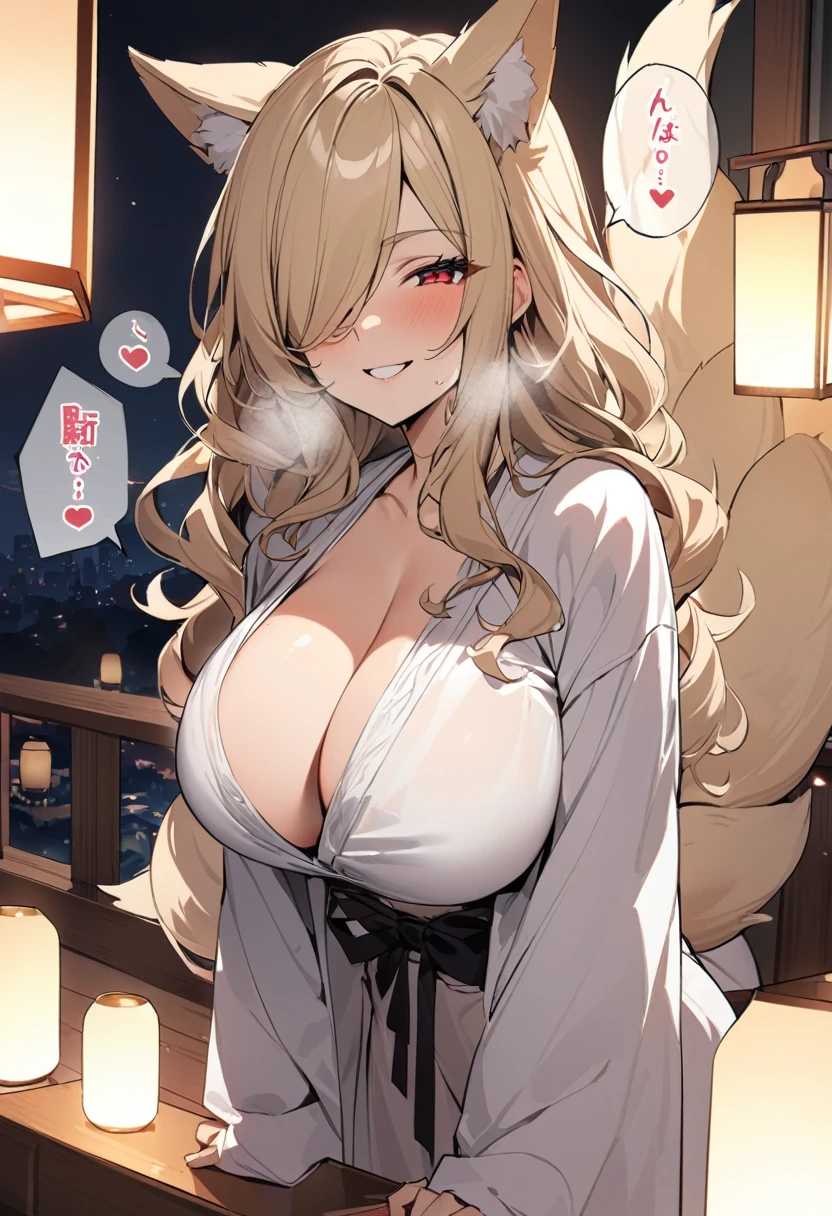 Highest quality、(((Two Women,2girls、28-year-old female、Female, 46 years old))) mature female、Mature Woman, Mature Woman,Mother、 Japanese-style room、Tatami room、Sliding doors、Dark room、Voluptuous body, Huge breasts, Saggy breasts, Wide Hips, Miko costume, barefoot, Cleavage, Are standing, Blonde Nine Tails,9 tails、The tip of the tail is white、 smile, Short blonde, wavy hair 、Red eyes, at night, 8K, masterpiece、milf、Fox Ears、Lantern、Sliding doorsを開けて迎え入れる、Sexy look、spoken heart、(breast focus:1.1)、mature female、gleaming skin、naughty face、heavy breathing、One eye is covered by hair、hair over one eye