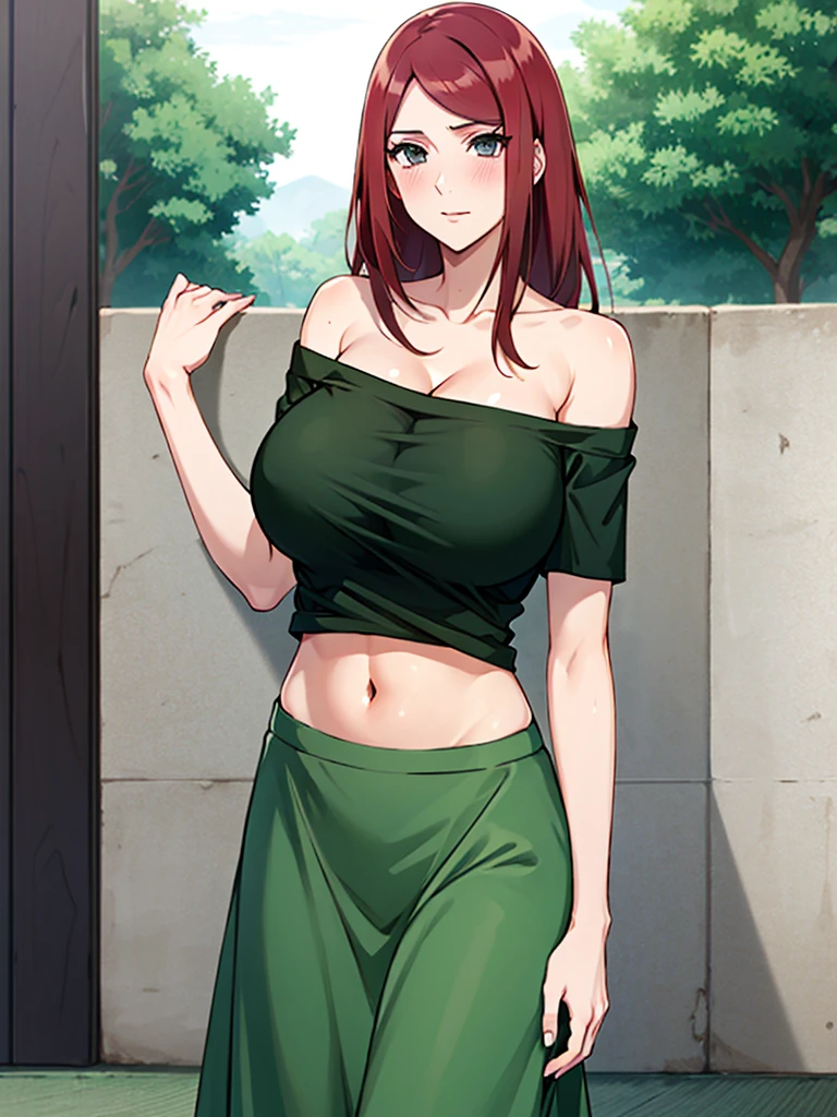 Uzumaki_kushina,huge breasts, beautiful face:1.3,butt hole,navel, cleavage ,bellybutton,off the shoulder:1.8,body facing front,full body shot,standing straight,greenskirt,black t-shirt,green shirt:off shoulder 