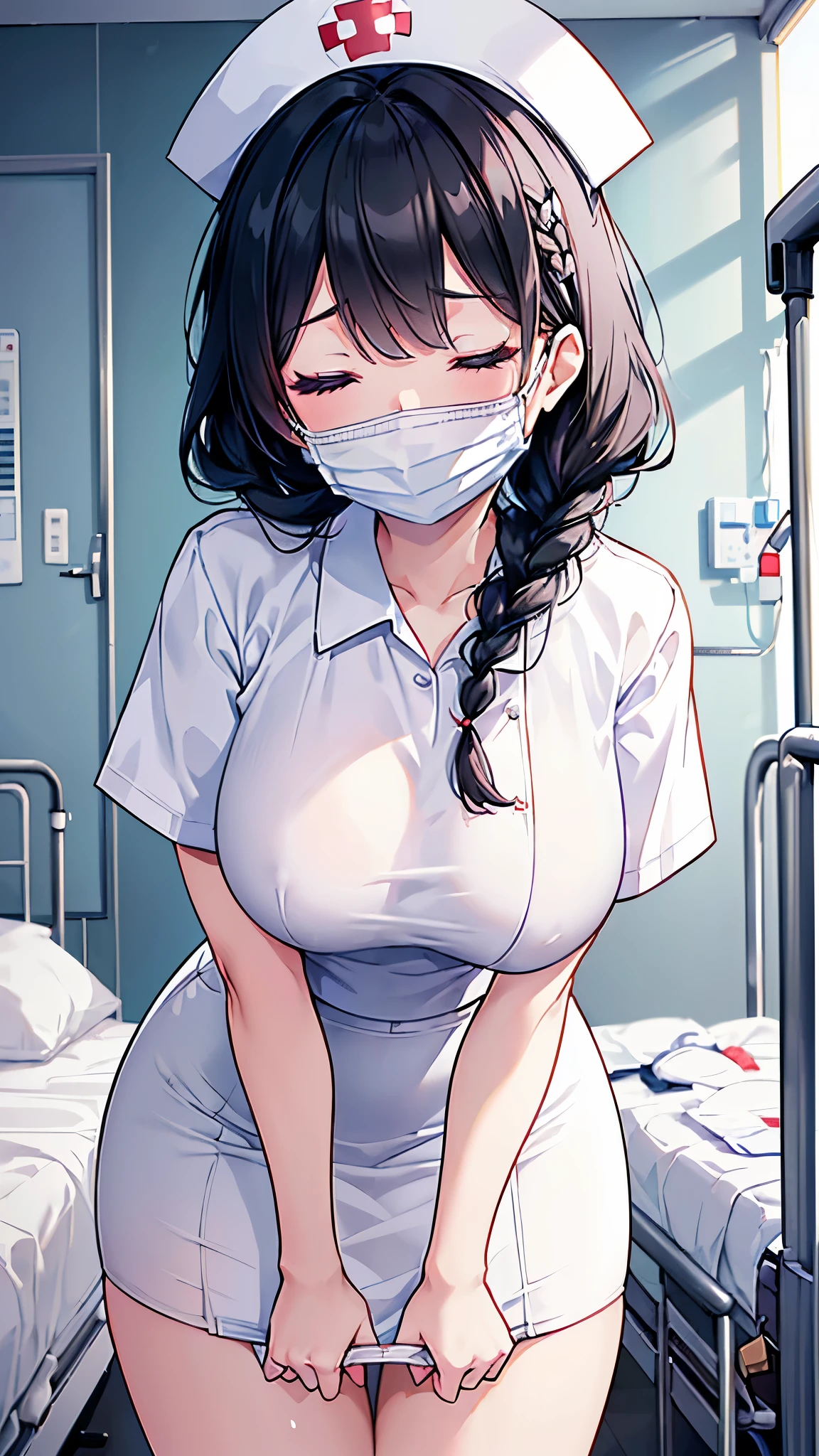 (masterpiece、Highest quality、Very detailed))、One girl、Black Hair、braid、single side braid、((closed eyes))、((White surgical mask))、((Large Breasts))、Saggy breasts、Nurse cap、((nurse))、Short sleeve、((white pencilskirt))、((Miniskirt))、Cowboy Shot、((bent over))、Hospital room background