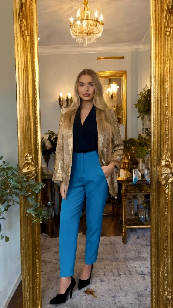 A young woman with straight blond hair stands in an elegant room with a crystal chandelier on the ceiling. She is wearing a well-fitted black suit, consisting of a jacket and pants. The room is decorated with luxurious elements, including a large gold-framed mirror, ornate white furniture and dark blue curtains. The woman poses next to a white table with gold handles, on which are neatly folded garments. The background shows wood-framed windows and a wall decoration with dried flowers in a blue vase.
