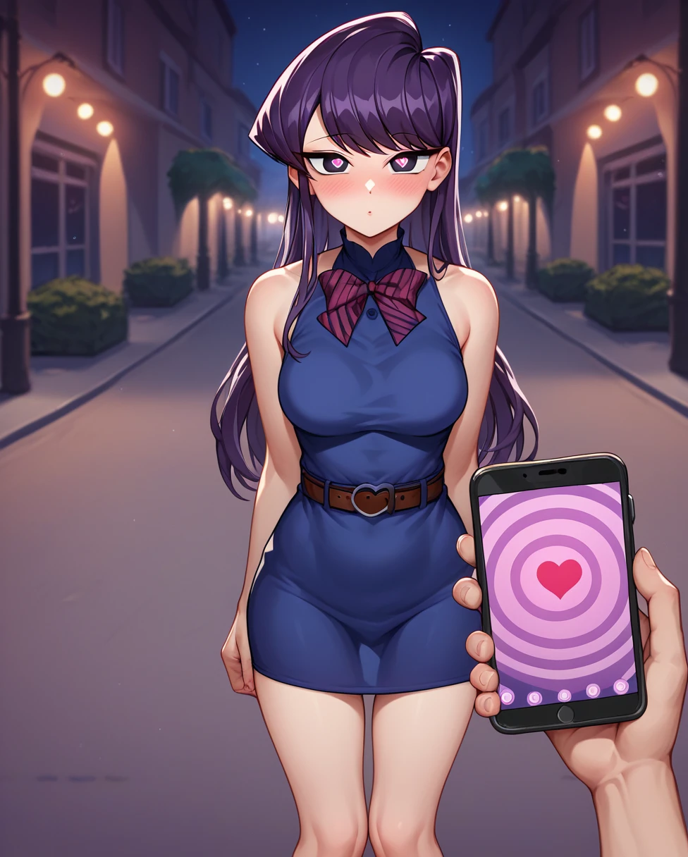 score_9, score_8_up, score_7_up, source_anime BREAK 1girl, pov, Komi Shouko, hypnosis, standing, street at night, heart-shaped pupils, swept bangs, dress, belt, brainwashed, blush, looking at viewer, thigh gap, phone, heart, eye symbol, purple hair, rating_questionable