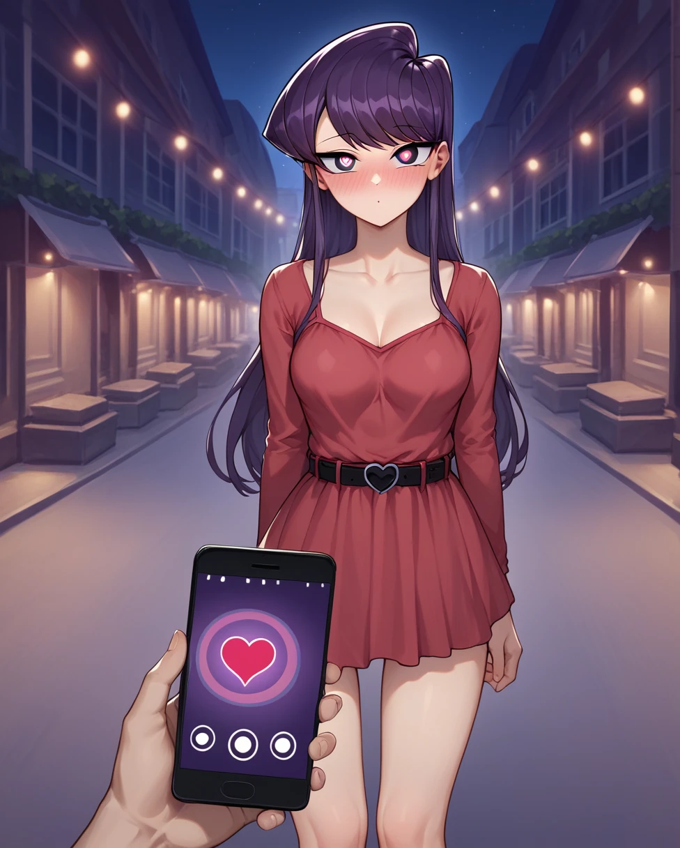 score_9, score_8_up, score_7_up, source_anime BREAK 1girl, pov, Komi Shouko, hypnosis, standing, street at night, heart-shaped pupils, swept bangs, dress, belt, brainwashed, blush, looking at viewer, thigh gap, phone, heart, eye symbol, purple hair, rating_questionable