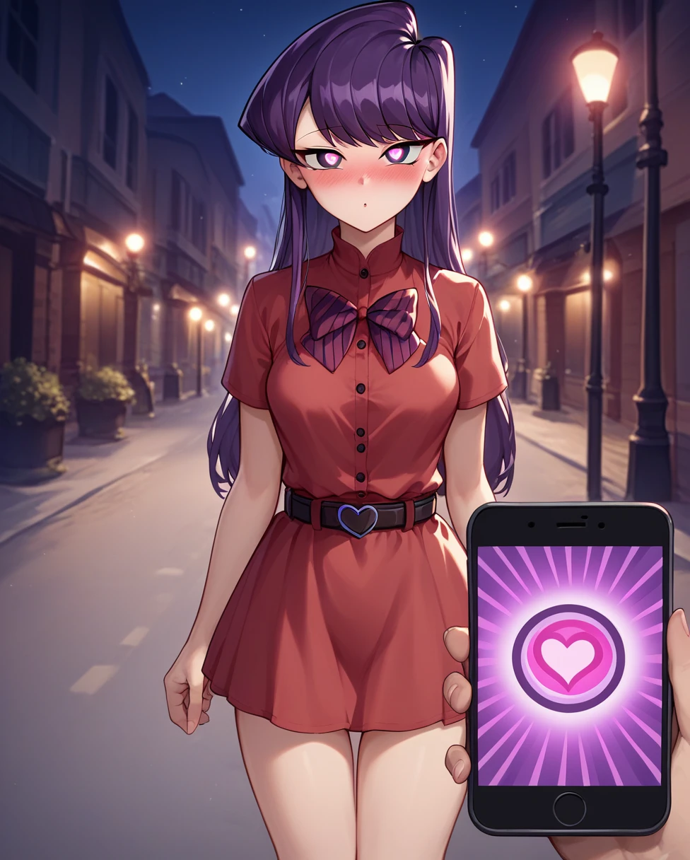 score_9, score_8_up, score_7_up, source_anime BREAK 1girl, pov, Komi Shouko, hypnosis, standing, street at night, heart-shaped pupils, swept bangs, dress, belt, brainwashed, blush, looking at viewer, thigh gap, phone, heart, eye symbol, purple hair, rating_questionable