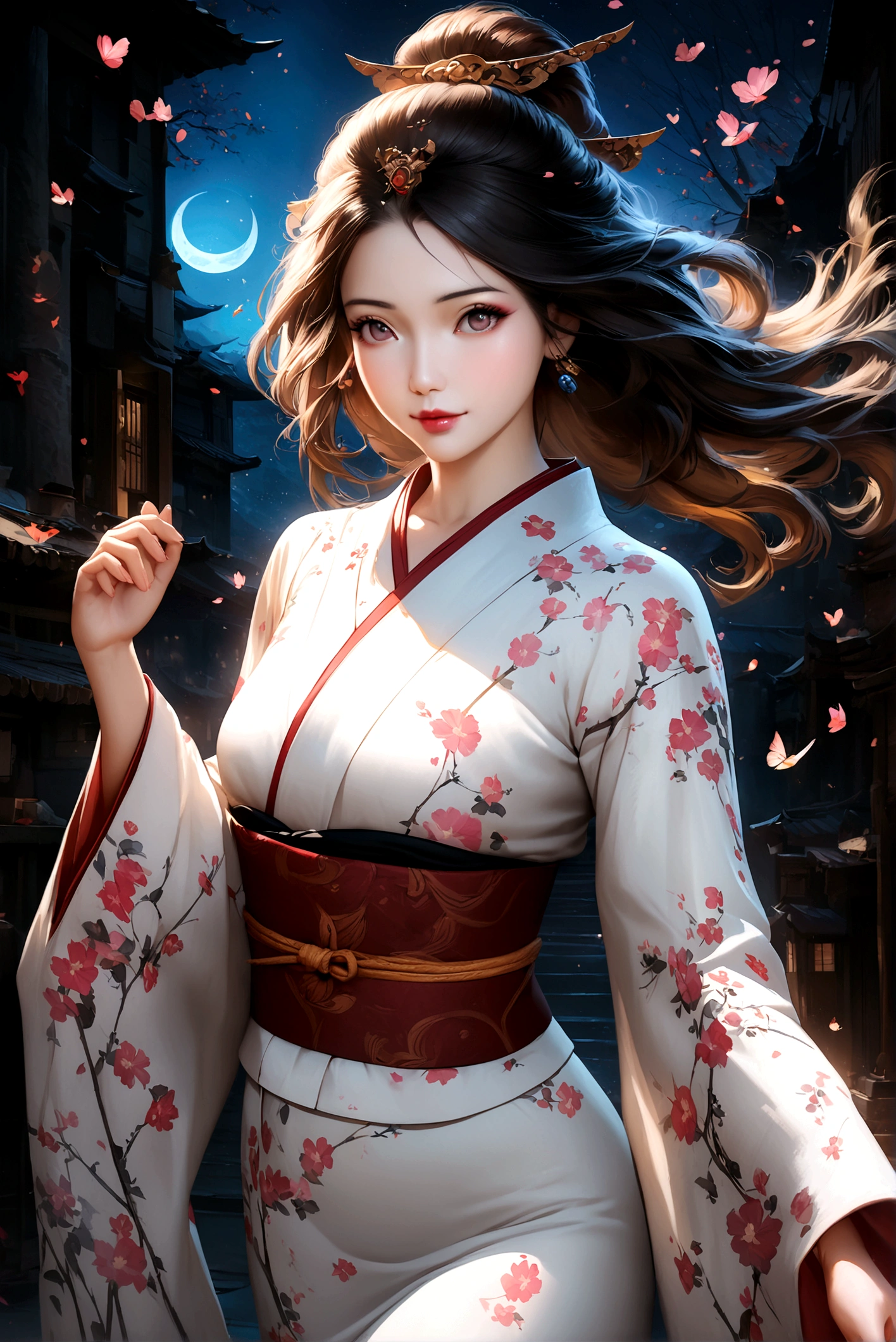 arafed woman in a kimono, dancing elegantly in the night, beautiful digital artwork, beautiful digital illustration, beautiful digital painting, gorgeous digital painting, artwork in the style of guweiz, photorealistic anime girl render, smooth anime cg art, beautiful digital art, great digital art with details, stunning digital illustration, detailed digital anime art, render of april, beautiful anime portrait