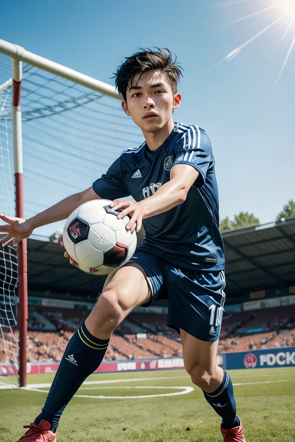 Cartoon style and simple, make man in shooting position while a soccer ball is stopped in front of the goal and , with the character's back view