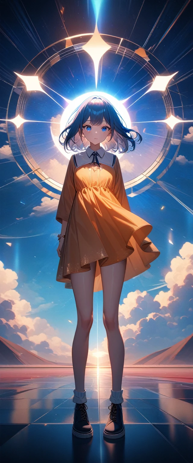 Student, high resolution Beautiful blue eyes, full body expression, one girl, alone, blue sky background, bright, blue sky, clouds, sunny, youth, youth, blue and white main color, solo focus, love, accessories, beautiful hairstyle, beautiful eyes, gloss High Resolution, Zoom Out, Quality (8K, Highly Detailed, CG Unit Wallpaper, Masterpiece, High Resolution, Best Quality, Best Quality, Surreal, Increase Resolution, Highest Quality, Highly Detailed, Wallpaper, Movie lighting, ray tracing, golden ratio\),