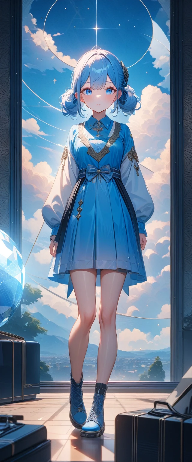 Student, high resolution Beautiful blue eyes, full body expression, one girl, alone, blue sky background, bright, blue sky, clouds, sunny, youth, youth, blue and white main color, solo focus, love, accessories, beautiful hairstyle, beautiful eyes, gloss High Resolution, Zoom Out, Quality (8K, Highly Detailed, CG Unit Wallpaper, Masterpiece, High Resolution, Best Quality, Best Quality, Surreal, Increase Resolution, Highest Quality, Highly Detailed, Wallpaper, Movie lighting, ray tracing, golden ratio\),