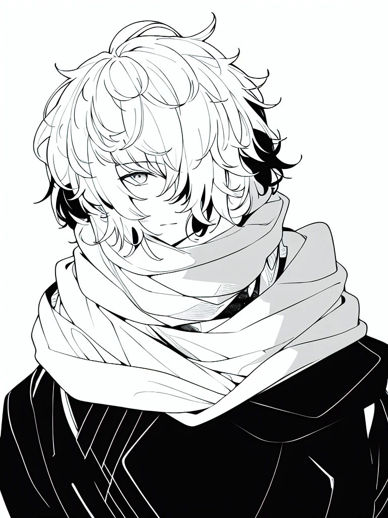medium lenght white fluffy messy hair, boy, black and white, staring at viewer, messy clothing, male, rag scarf