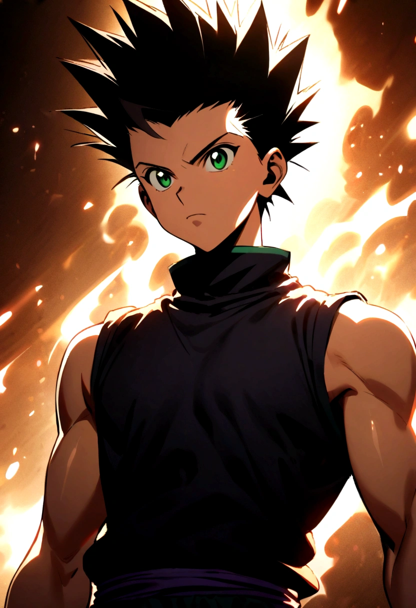 14 year old boy with black mohawk hair with shaved sides and green eyes wearing a black sleeveless shirt in hunter x hunter manga style