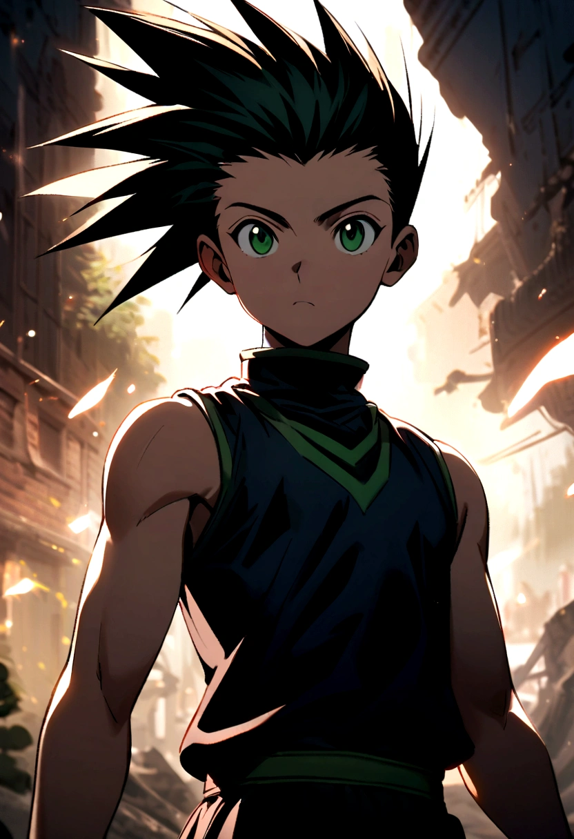 14 year old boy with black mohawk hair with shaved sides and green eyes wearing a black sleeveless shirt in hunter x hunter manga style