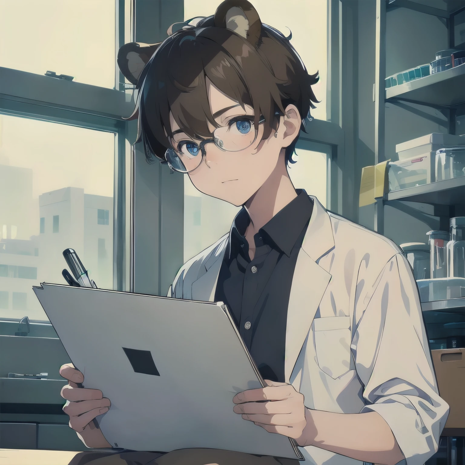 (masterpiece), 1boy, solo, solo male, best quality, expressive eyes, perfect face, sketch style, (sfw), best quality, kemonomimi, bear ears, animal ears, brown hair, short hair, messy_hair, blue eyes BREAK freckles, (little boy, young boy), interior, laboratory, scientist, lab coat, sitting, swivel chair, clipboard, holding clipboard, glasses
