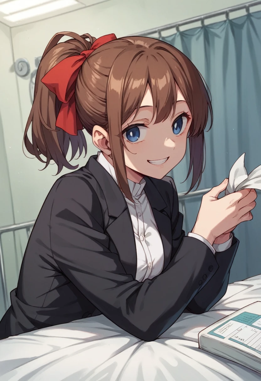 Korarī Nakamura is a girl, ponytail brown hair, blue eyes, wearing black suit and a red ribbon, big black coat, smiling, hospital in the background