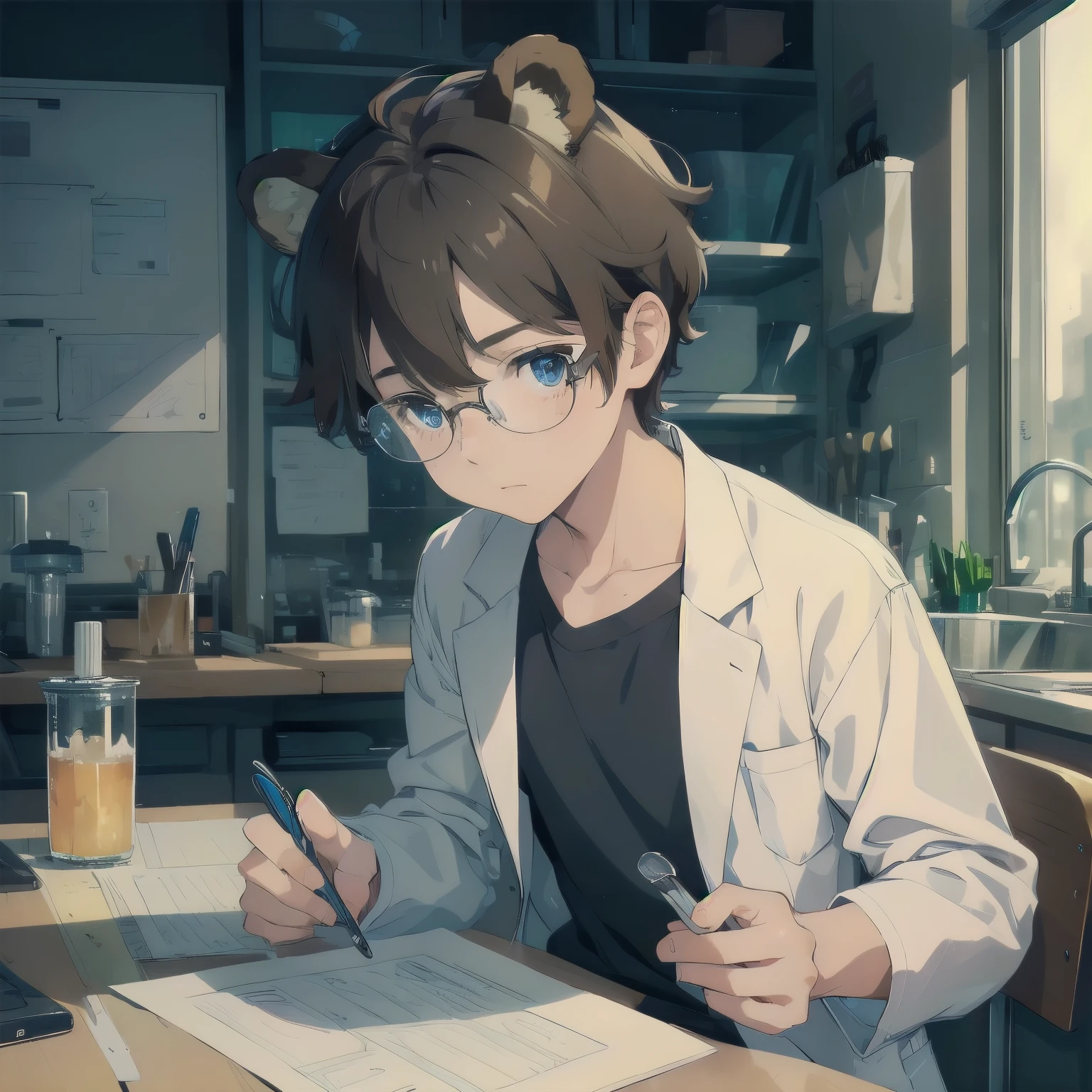 (masterpiece), 1boy, solo, solo male, best quality, expressive eyes, perfect face, sketch style, (sfw), best quality, kemonomimi, bear ears, animal ears, brown hair, short hair, messy_hair, blue eyes BREAK freckles, ( boy, young erior, laboratory, scientist, lab coat, sitting, swivel chair, clipboard, holding clipboard, glasses