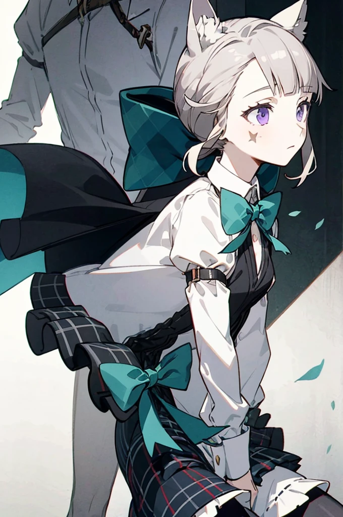 masterpiece, best quality, 1girl, lynette, violet eyes, pale skin, light grayish brown hair, (low thin ponytail:1.2), side-swept bangs, purple eyes, small animal ears, blunt bangs, grey hair, facial mark, ((green bow, plaid ribbon)), black dress, frills skirt, black pantyhose, (expressionless:1.2), (picturesque European village with cobblestone streets:0.8), 